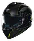 Casco integral negro con detalles verde flúor, vista frontal lateral